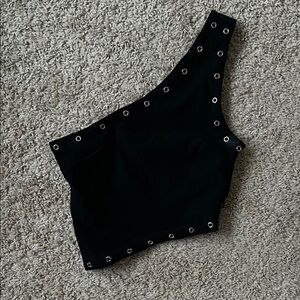 Black Crop Grommet One Shoulder Top